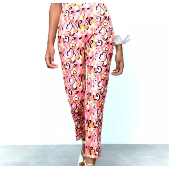 Zara Hot Pink Paisley Multi 70's Retro High Waist Trousers pants NWT - Picture 2 of 3